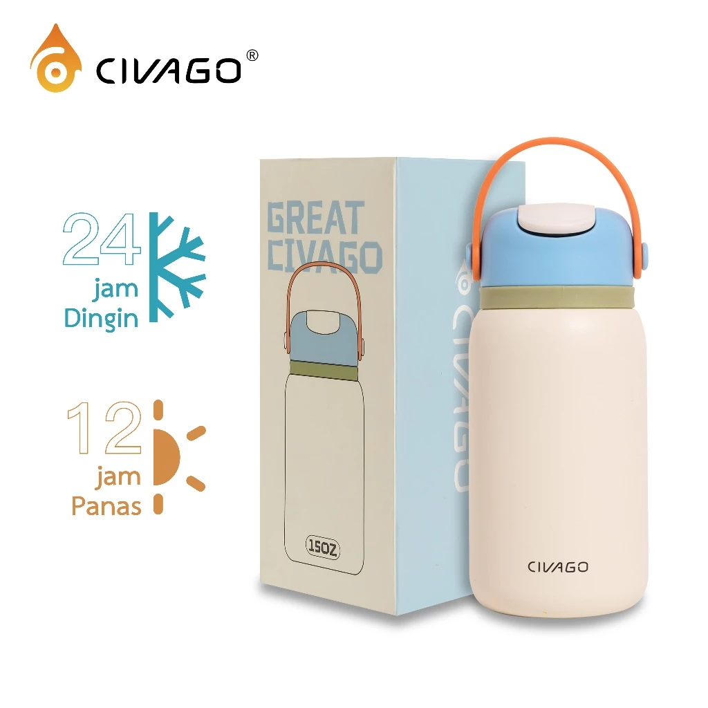 CIVAGO 15oz 450ml Botol Vakum Stainless Steel 316 Botol Minum Portabel Lucu Dengan Sedotan Untuk Anak