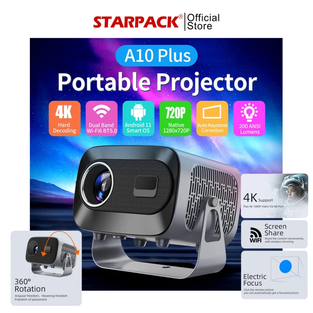 A10 PLUS Smart Proyektor Android 11.0 4K 5G WIFI + HDMI IN (BISA BUAT PRESENTASI)