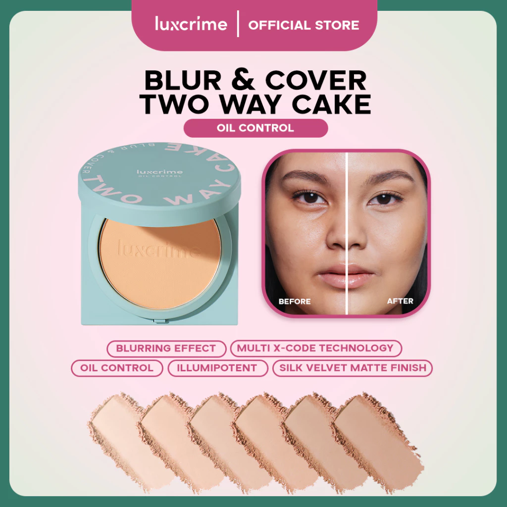 NEW Oil Control Luxcrime Blur & Cover Two Way Cake - Bedak Foundation Padat High Coverage Untuk Kulit Halus Tanpa Pori Bebas Minyak Tahan 24 Jam