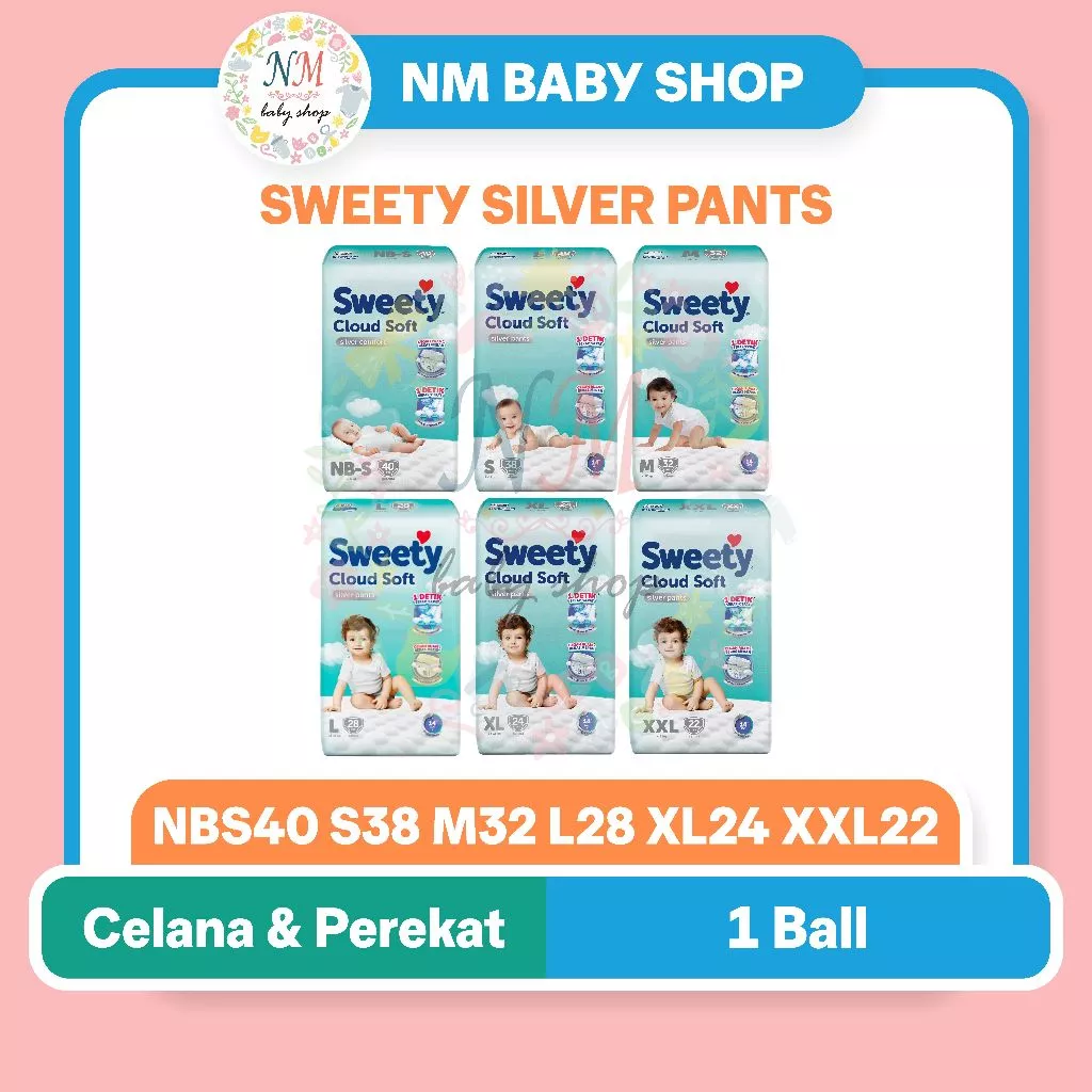 SWEETY SILVER TAPE NBS40 PANTS S38 M32 L28 XL24 XXL22 COMFORT POPOKA BAYI ANAK CELANA S 38 M 32 L 28 XL 24 XXL 22 PEREKAT NBS 40 DIAPERS PPKS NM
