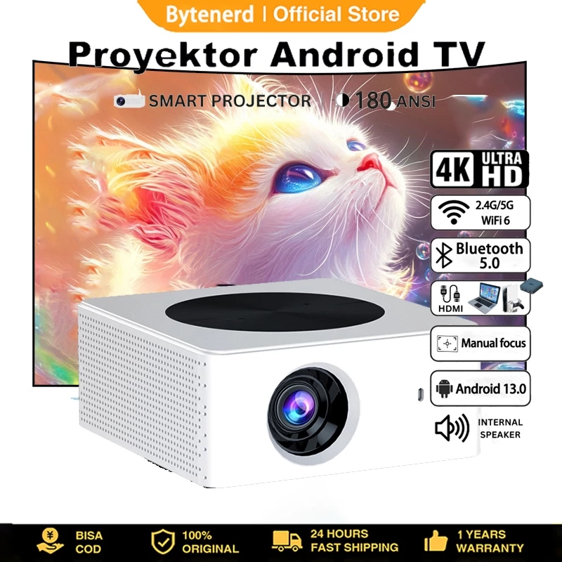 Bytenerd Proyektor Android TV 1080P HDMI Smart Projector Android 13.0 2+16G Home Theater Proyektor