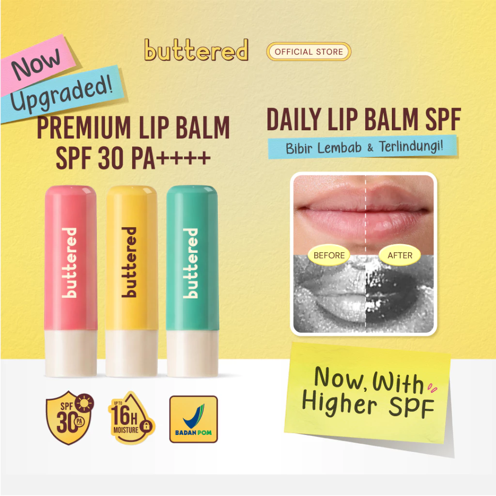 [Pre-Order] Buttered Premium Lip Balm Harian SPF 30 PA++++ Daily Lip Balm untuk Pemakaian Harian dengan Broad Spectrum UVA UVB Melembapkan Perawatan Bibir Ringan Tidak Lengket dan Nyaman Dipakai Sehari-hari