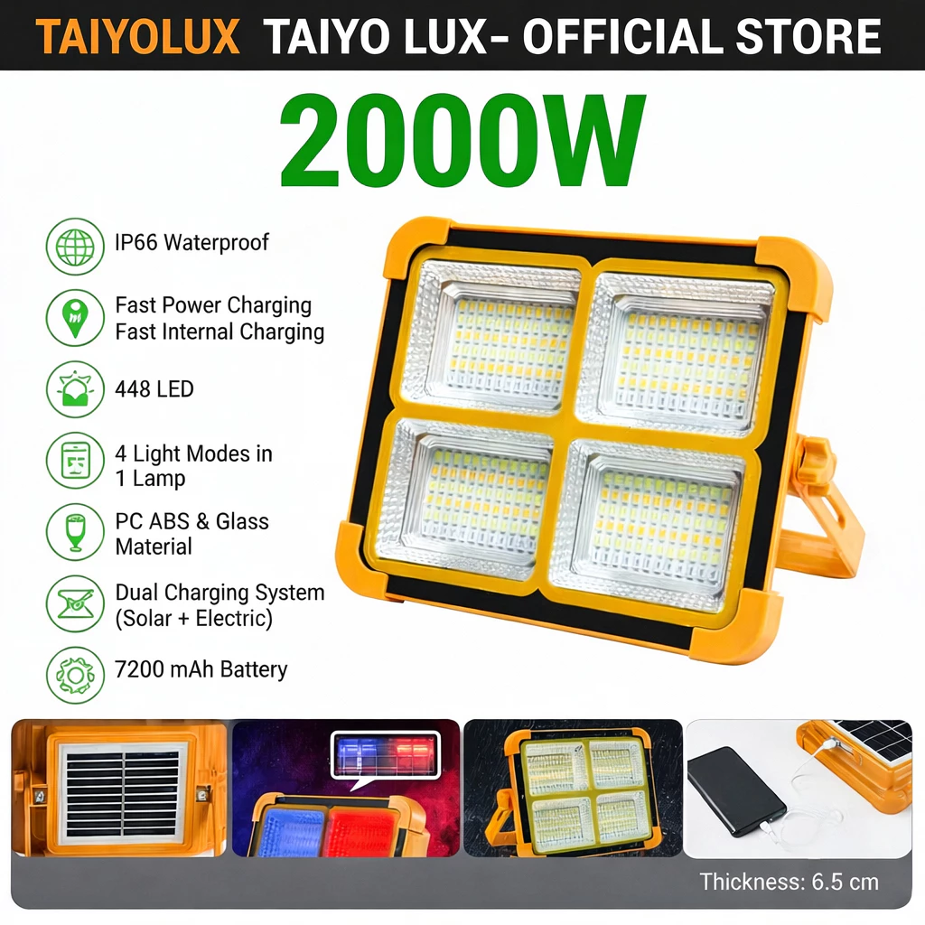 Garansi2 Tahun  Lampu sorot Emergency Tahan hingga 8jam Dilengkapi Dengan Solar Panel