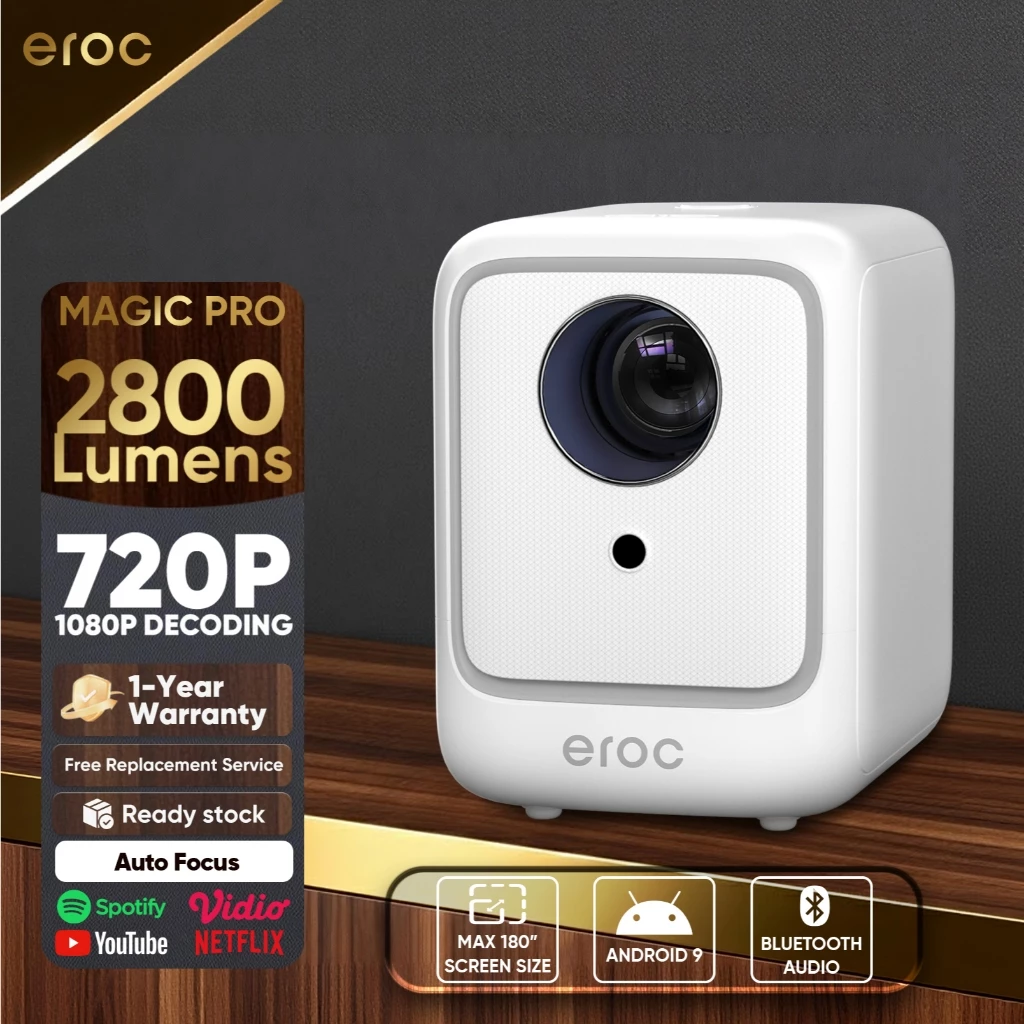 EROC Smart Mini Proyektor - 1080P Full HD Decoding 4K - 250 ANSI - Up to 180 inch - Android IOS - Cast Netflix Compatible - Magic Pro
