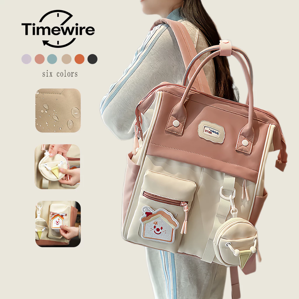 Timewire-Tas Ransel Cewek Estetik Korean Style Bahan Nilon Tas Sekolah Muat Banyak Waterproof Laptop Kapasitas Besar Ringan