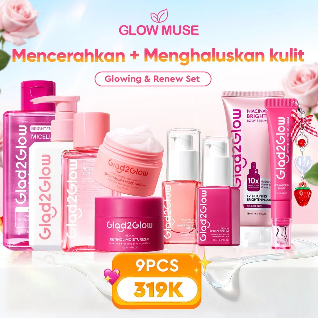 Glad2Glow Glowing & Renew bundle 9in1 9pcs-Brightening toner+Brightening Moisturizer+Milk Cleanser+Brightening Serum+Retinol moisturizer Pomegranate Niacinamide Mencerahkan Wajah Mencerahkan Melembabkan Kulit skin skincare G2G