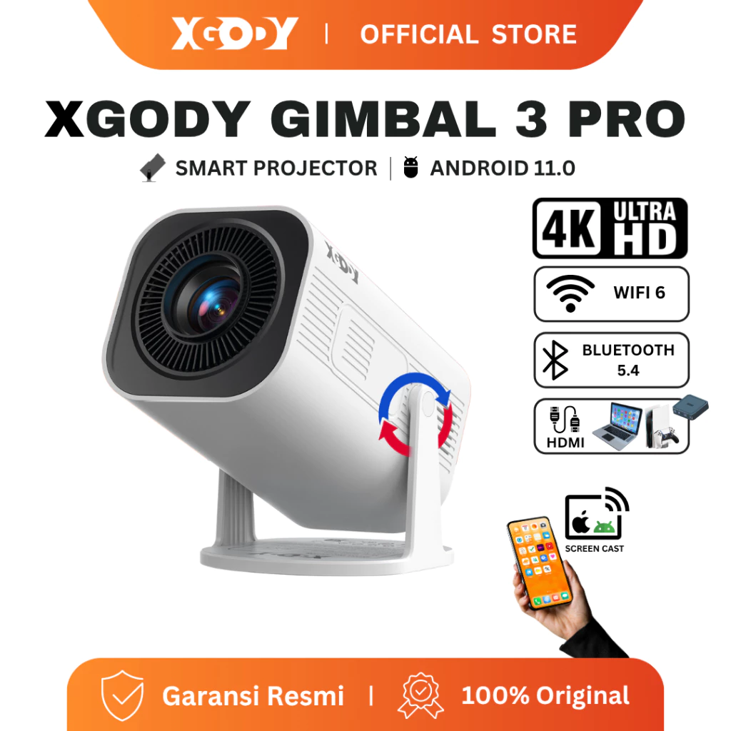 XGODY Gimbal 3 Pro Smart Proyektor LCD Android 11 -720P -Built-in Speaker -Netflix -YouTube 220 ANSI