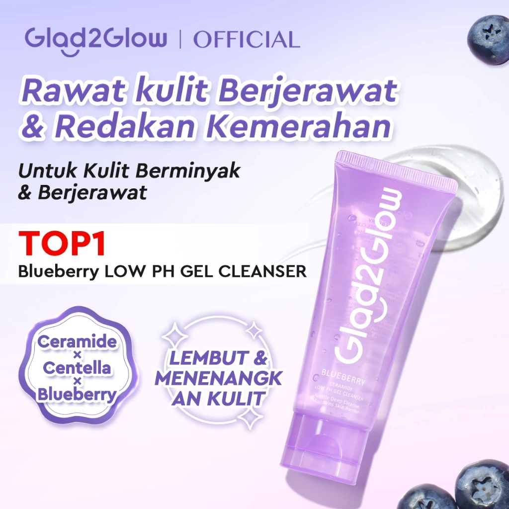 [BUY 100ml Save 30%]Glad2Glow Blueberry Ceramide Low pH Gel Cleanser Gentle skin Facial Wash oil control skincare  pembersih wajah sabun cuci muka face wash micellar water g2glow official store