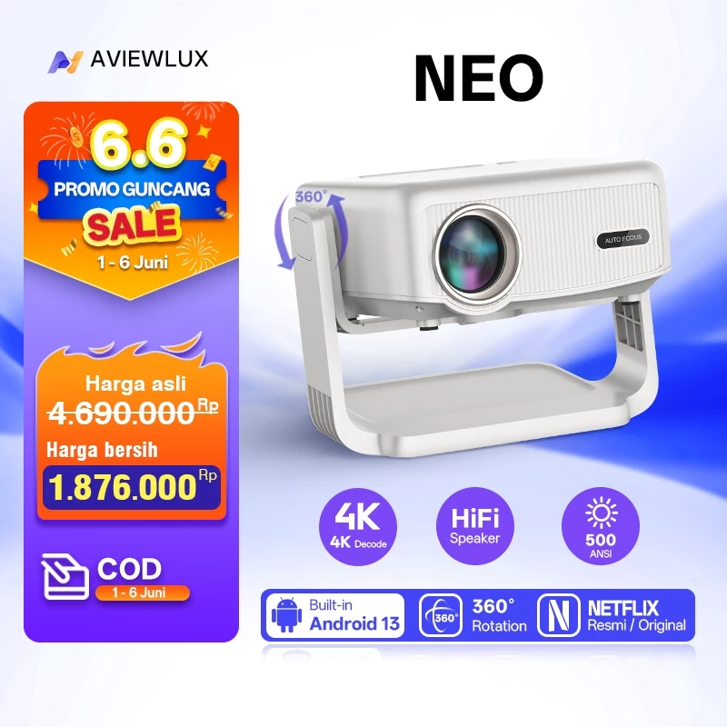 AVIEWLUX NEO Smart Proyektor LCD - Netflix Resmi Certified - 1080P Full HD - Android TV 13 - 500 ANSI - WiFi 6 Bluetooth 5.2 - Gimbal 360° Portable proyektor mini laptop dan hp  Projector