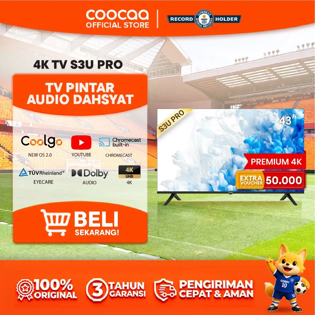 COOCAA 43 inch S3U PRO - Smart TV - Digital TV - 4K - UHD - Dolby Audio - Youtube - Mirroring - Boundless -Browser - WIFI - HD - USB/AV/LAN - HDR10 (COOCAA 43S3U PRO)