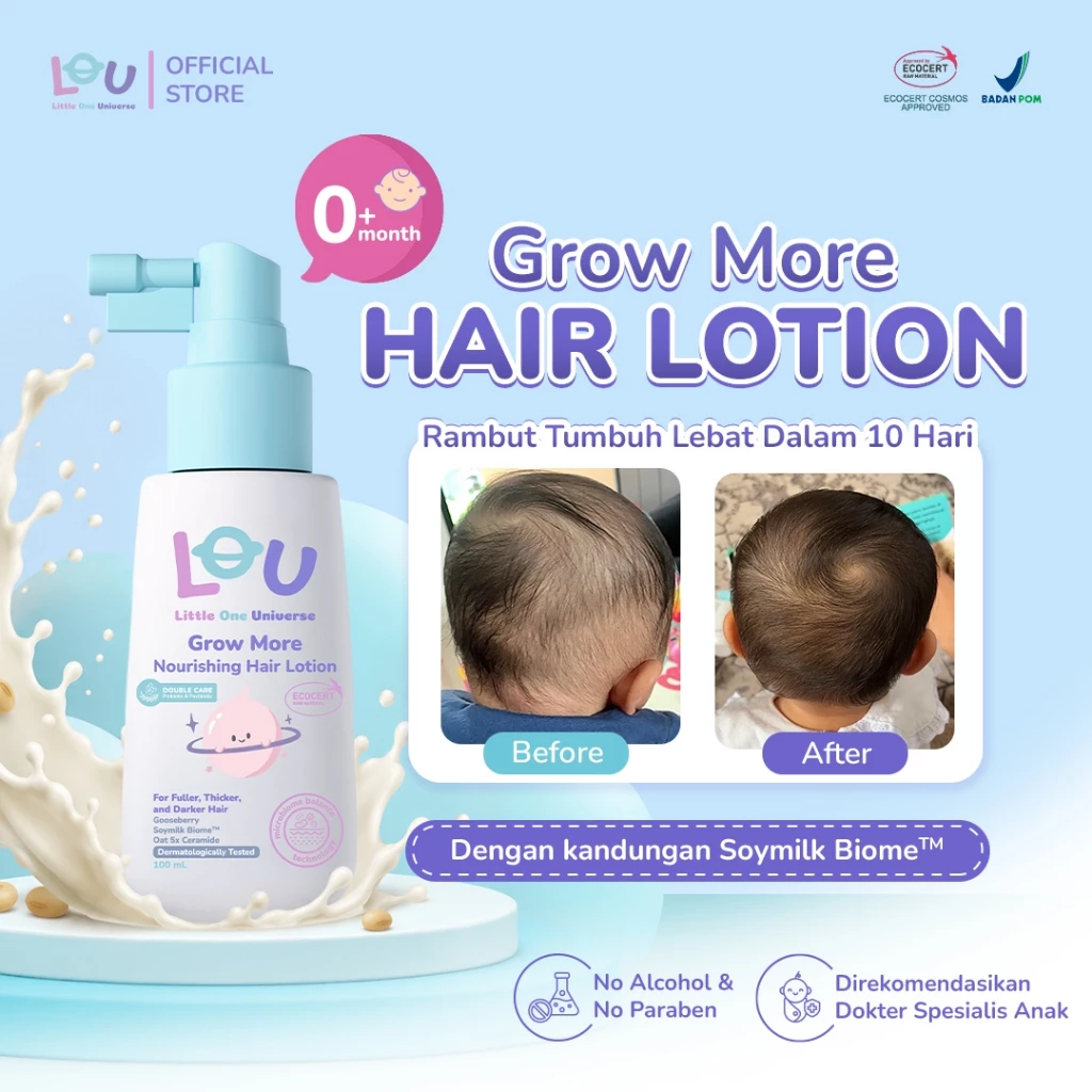 Hair Lotion Bayi Baru Lahir - LOU Grow More Nourishing Hair Lotion 100 ml - Hair Lotion Penumbuh Rambut Bayi Newborn Panjang & Tebal - Hair Lotion Soymilk