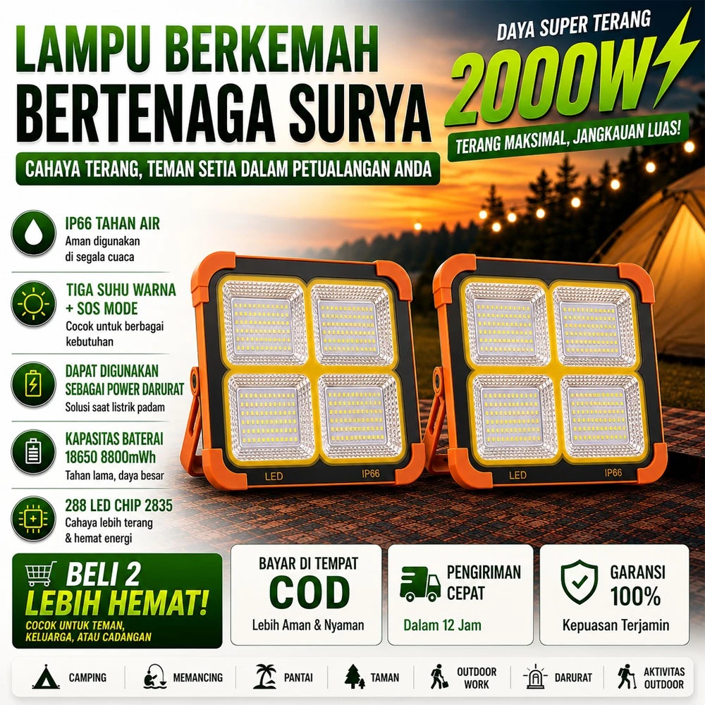 NOVAE Lampu LED Solar Emergency 4 Matriks LED Super Terang IP66 Waterproof Outdoor - Lampu Sorot Portable Tenaga Surya, Solusi Cahaya Terang Saat Listrik Padam & Rumah Mati Lampu