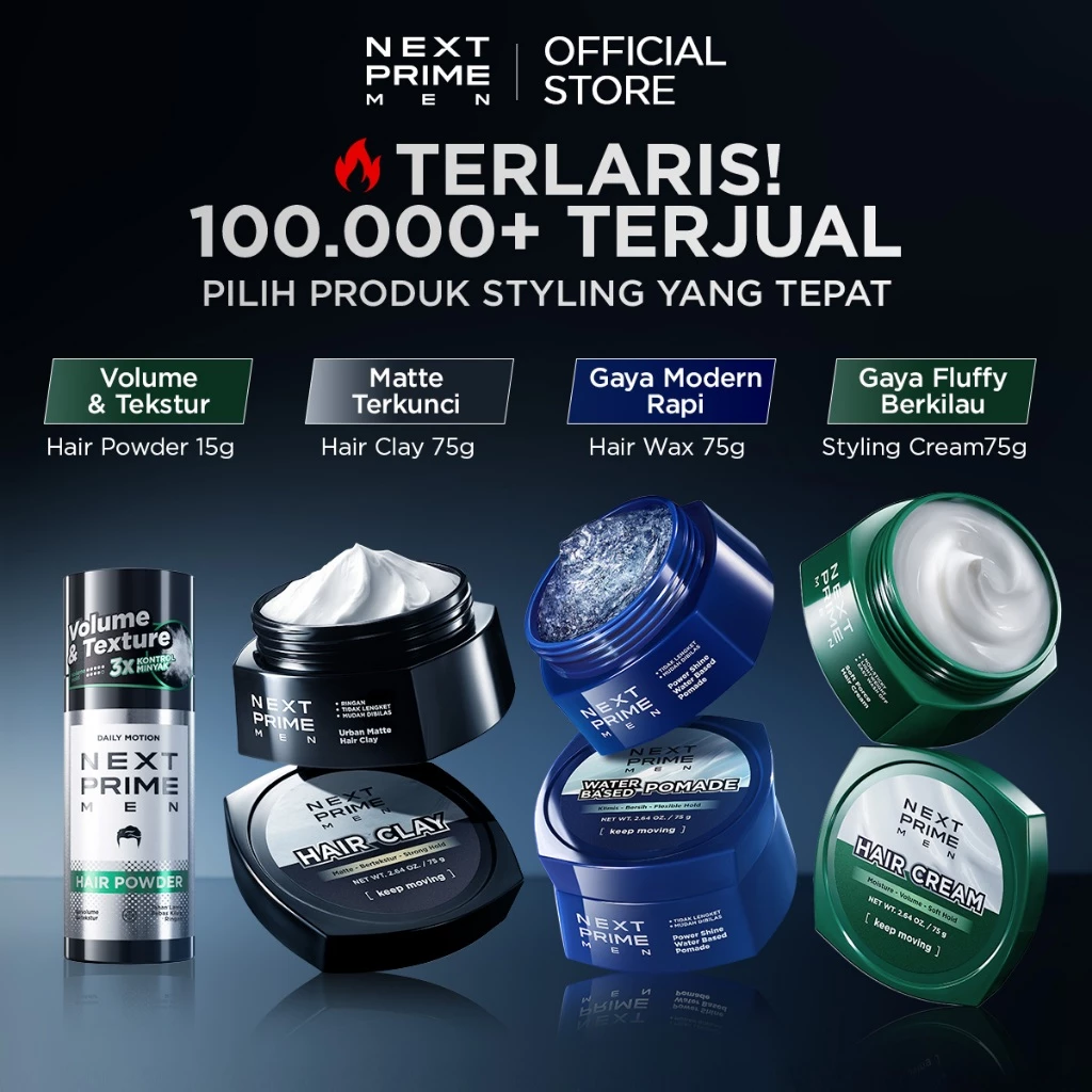 NEXTPRIME Rangkaian Lengkap Produk Styling Rambut - Urban Matte Hair Clay 75g / Power Shine Waterbased Pomade 75g / Soft Force Hair Cream 75g / Daily Motion Hair Powder 10g / hair clay / hair wax / curl cream / hair powder / hair spray / next prime men