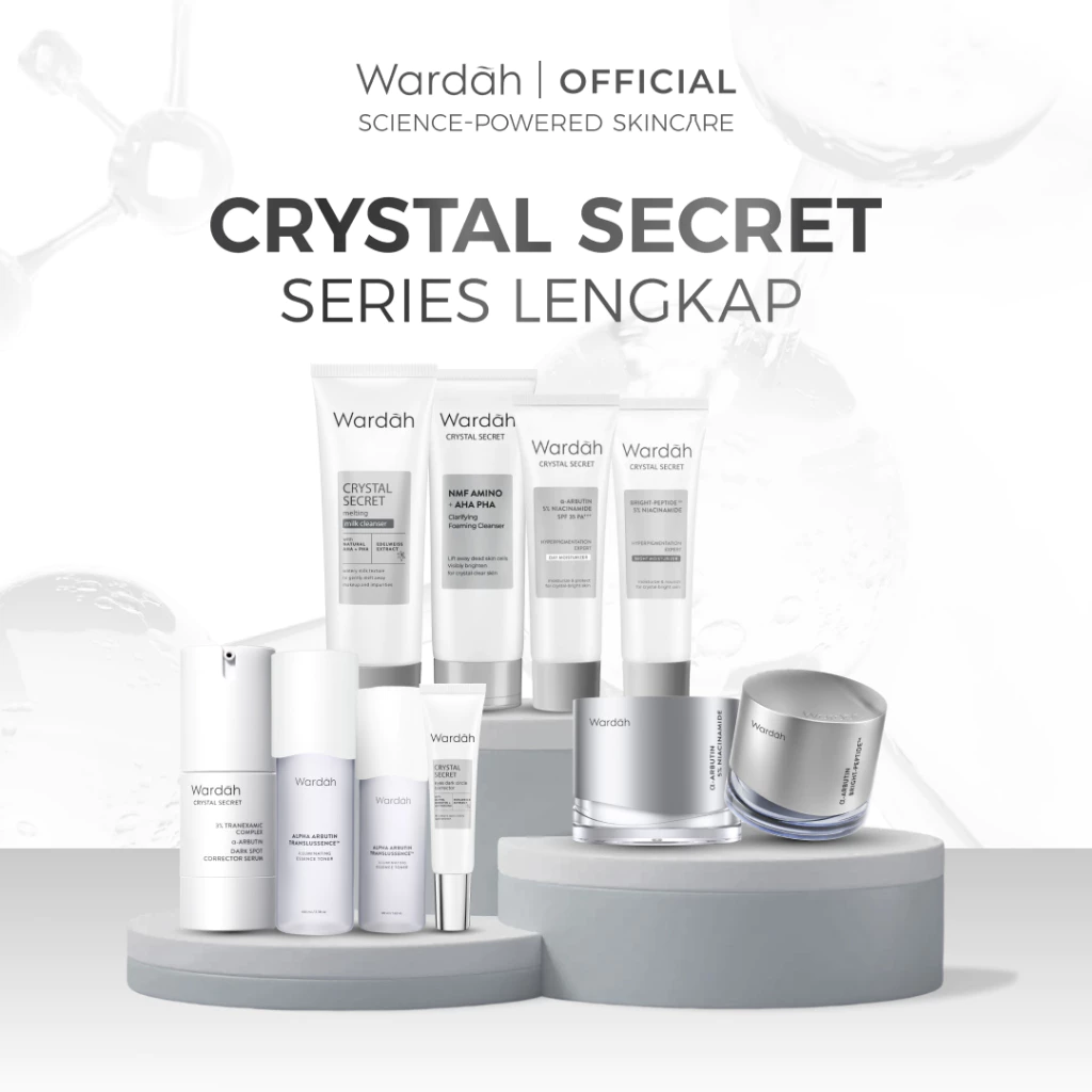 WARDAH Crystal Secret Series Lengkap - Menyamarkan Flek dan Bekas Jerawat, Perawatan Kulit Wajah Sebening Kristal, Skin Barrier, Dark Spot Corrector - Cleanser, Toner, Serum, Day & Night Moisturizer, Radiance Serum Mask - Skincare
