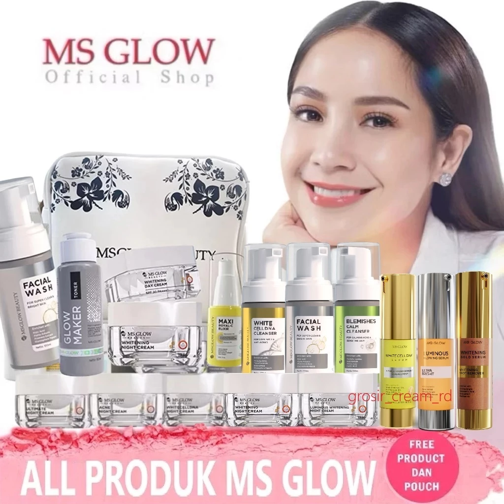 MS GLOW All Produk Paket Wajah Free Pouch | Ecer Whitening Night Cream Luminous Malam Ultimate Krim Siang Facial Wash Toner Acne Glow Maker Sabun Men Pro Day Serum Gold DTE Salmon Mini Cell DNA WCD Blemish Calm Cleanser