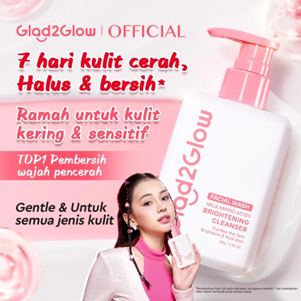 Glad2Glow Milk Amino Acid Gentle Cleanser facial wash,pembersih pencerah,pembersih wajah sabun cuci muka face wash skincare micellar water,Mencerahkan kulit , untuk semua jenis kulit ,Lembab Tanpa Ketarik,Krim Cerah,G2G glad2glow officia store