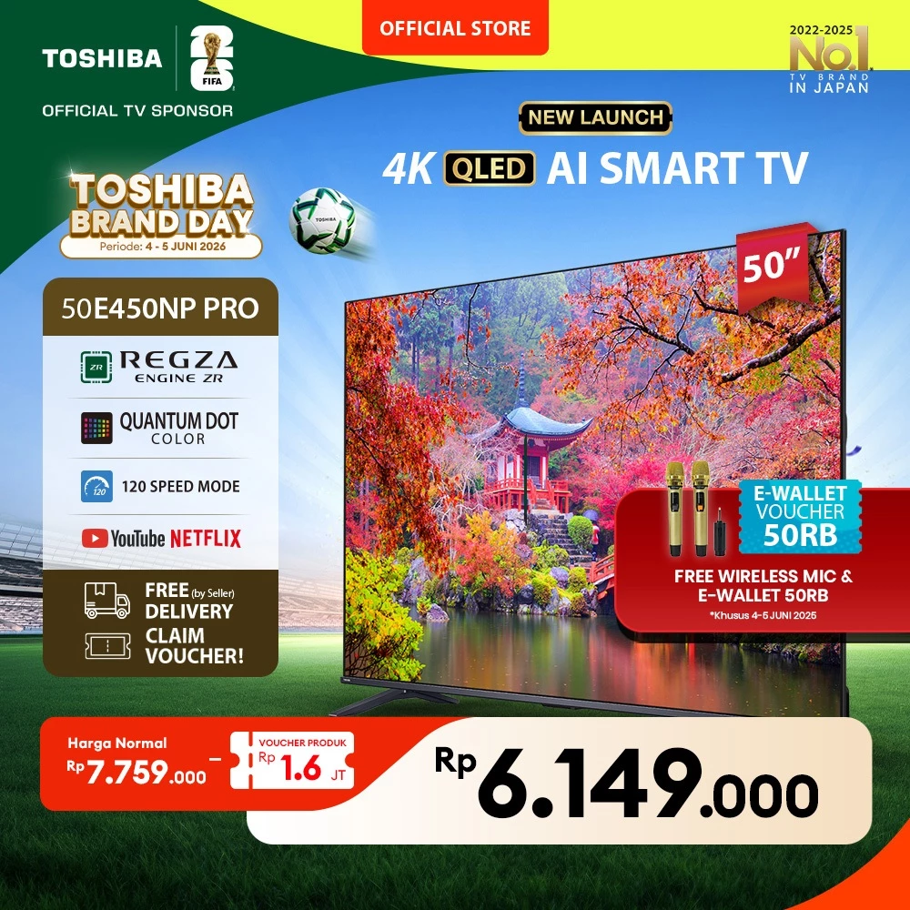 [AI 4K QLED] [KHUSUS ONLINE] Toshiba TV 50" 4K UHD QLED AI Smart TV PRO - Regza ZR Quantum Dot Dolby Vision Atmos Far Field Voice HDR10+ MEMC VRR ALLM Netflix Disney+ Youtube Screen Sharing Voice Control Wifi Bluetooth 5.0 HDMI 2.1 Digital - 50E450NP PRO