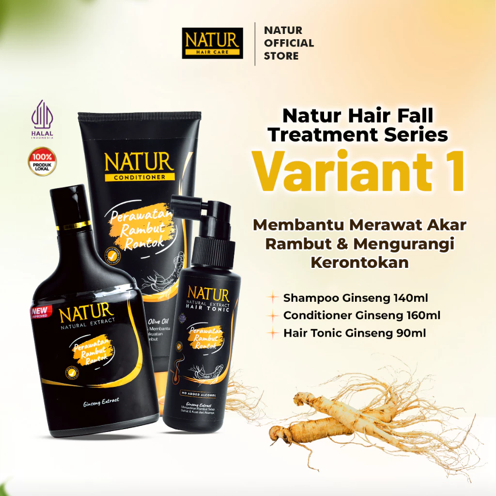 Natur Hair Fall Treatment - Paket Perawatan Haircare dengan Extract Ginseng dan Argan / Anti Hairfall (Anti Rambut Rontok) / Menguatkan serta memberi nutrisi / Vitamin Akar Rambut (Sampo, Hair Tonic, Conditioner) Shampoo & Conditioner