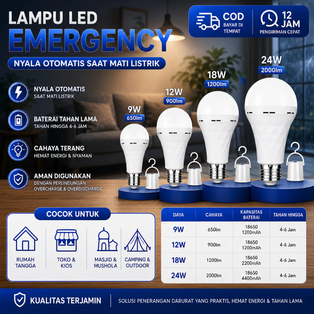 COD Lampu Emergency LED Bulb 9W 12W 18W 24W Bohlam Darurat Magic Lamp Otomatis Nyala Saat Listrik Mati Anti Lampu Padam