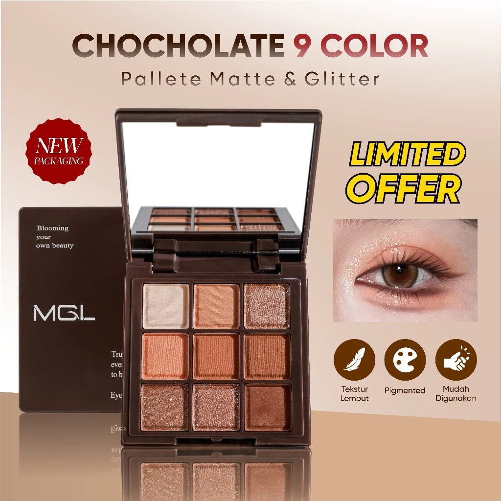 [BPOM] MGL Chocolate 9 Color Eyeshadow Pallete Matte and Glitter Pigmented Lasting