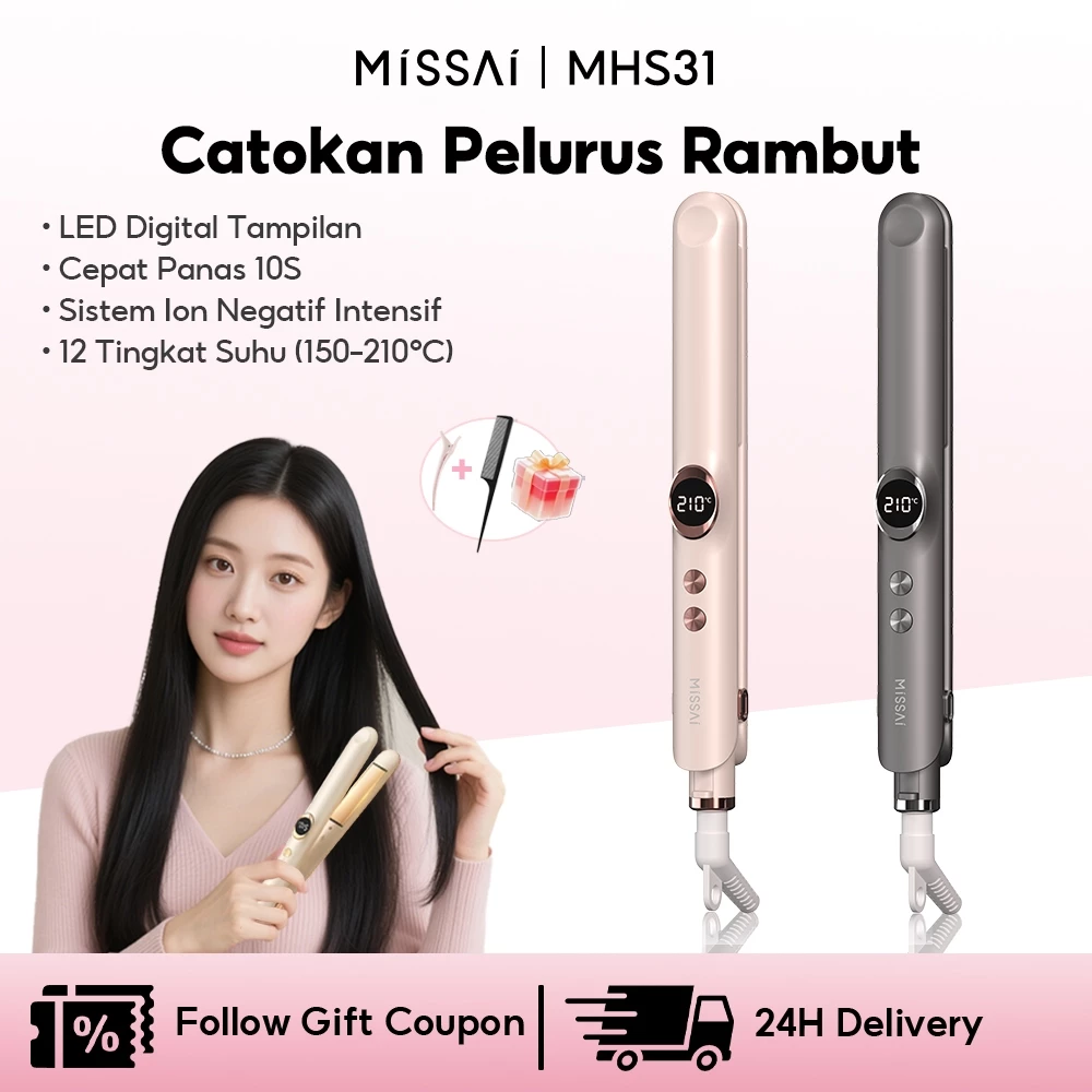 MISSAI Catokan Rambut  Pelurus Dan Curly 2 in 1 Tampilan Digital LED Pelurus Rambut Panas Cepat 10 Detik Lon Negatif Melindungi Rambut MHS31 Hair Straightener