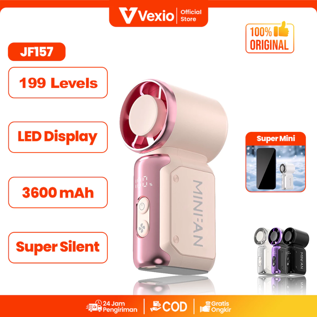 VEXIO JF157 Mini Pocket Fan Kipas Angin Portable Mini Premium dengan 199 Level Stepless Speed Turbo Wind Smart LED Display Baterai 3600mAh Type C Charging Pocket Size Compact Super Silent Cooling