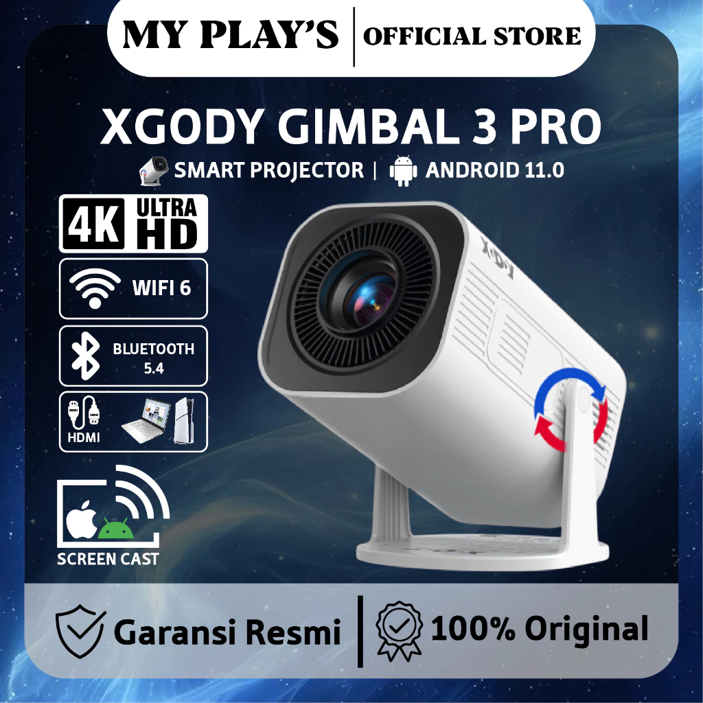[ My Plays Official ] Gimbal 3 Pro Smart Proyektor LCD Android 11 -720P -Built-in Speaker -Netflix -YouTube 220 ANSI