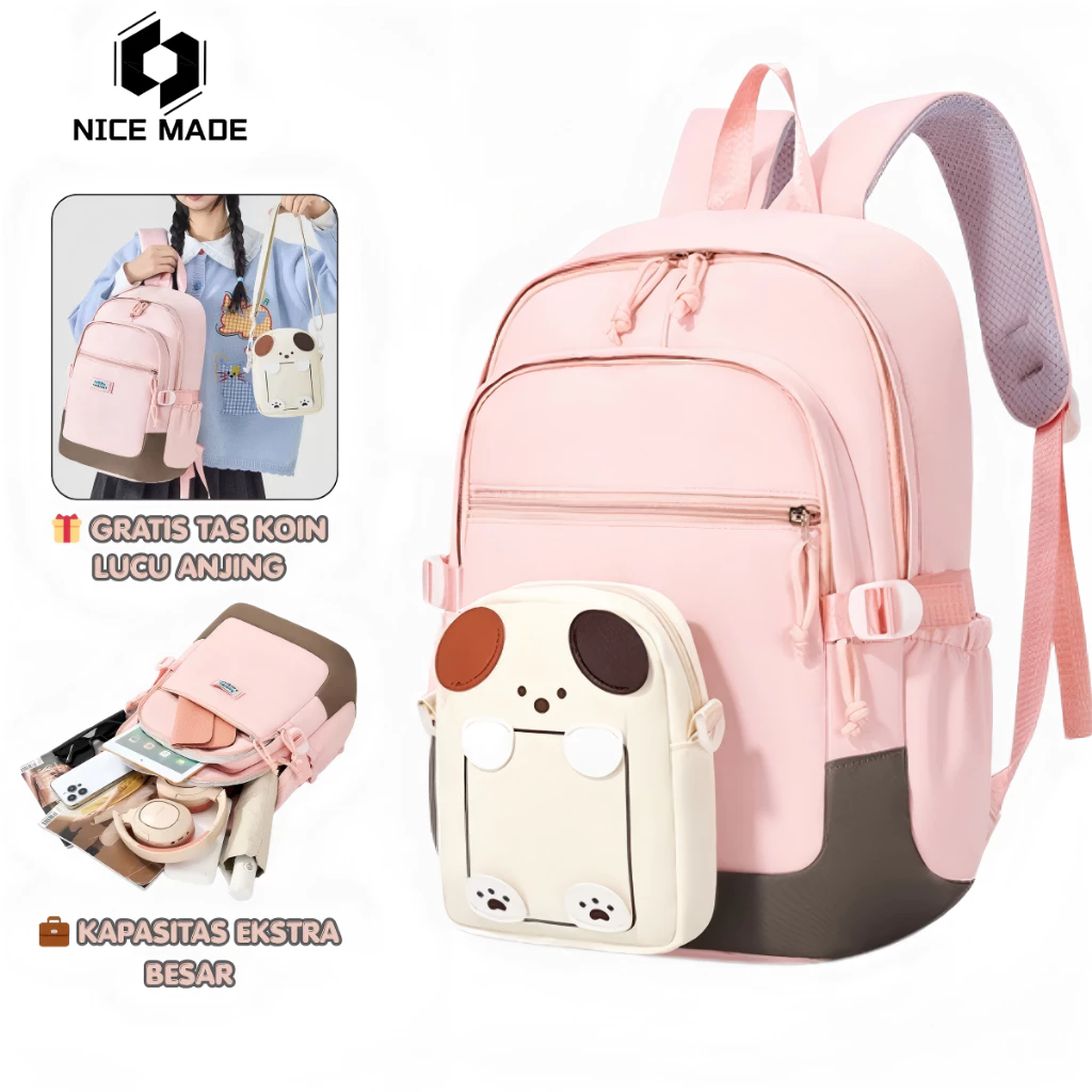 NICE MADE Tas Sekolah Korean Waterproof Tas Kecil Gratis Cewek Tas Ransel Kuliah Wanita Laptop 16 in