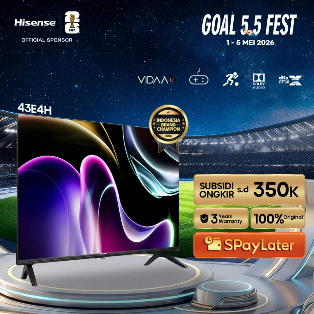 (PACKING KAYU) Hisense TV 43E4H Vidaa Smart Digital TV 43 inch FHD Desain Bazelles DTS V X & Dolby Audio Youtube/Netflix/Prime Dual Band WIFI/HDMI/USB Remote Standar Easy Casting Noise Reduction Ram 1GB ROM 4GB Television