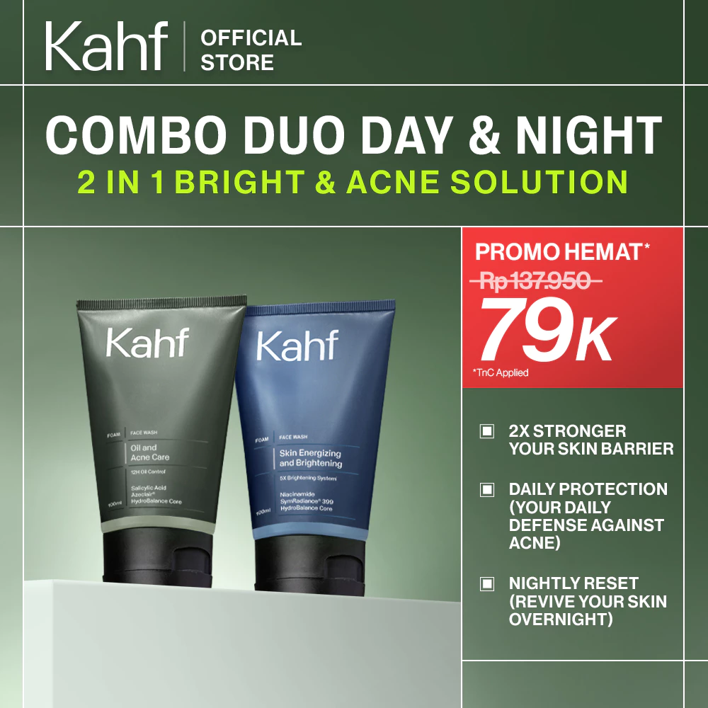 [KAHF PAKET 2IN1 COMBO DAY & NIGHT] Complete Acne Care & Brightening Face Wash Pack 100 ml isi 2 pcs - Wajah Glowing, Cerah, Anti Ketarik, Bebas Jerawat - Skincare Pria - Kombinasi Sabun Cuci Muka Sesuai Kondisi Kulit