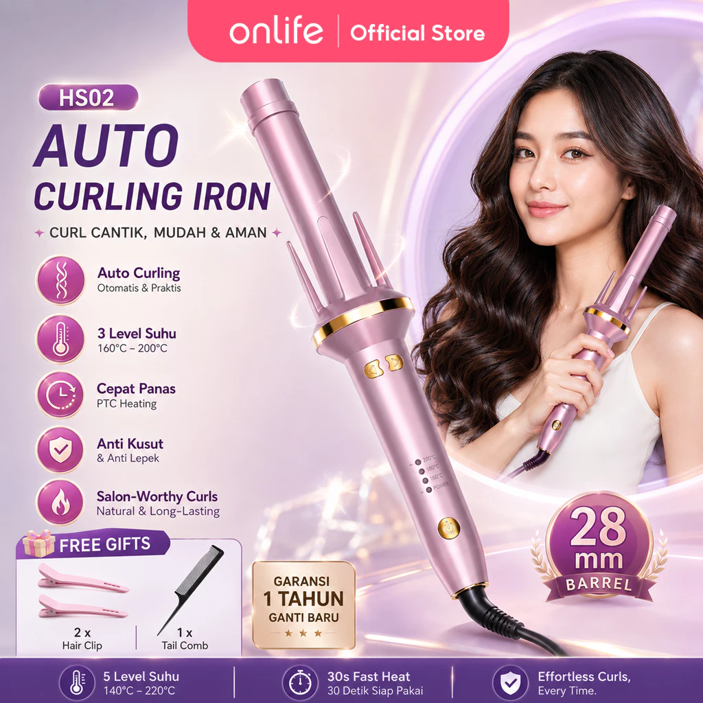 Onlife HS02 Automatic Hair Curler 28mm Catokan Curly Otomatis Ionic Ceramic Cepat Panas Anti Kusut 360°