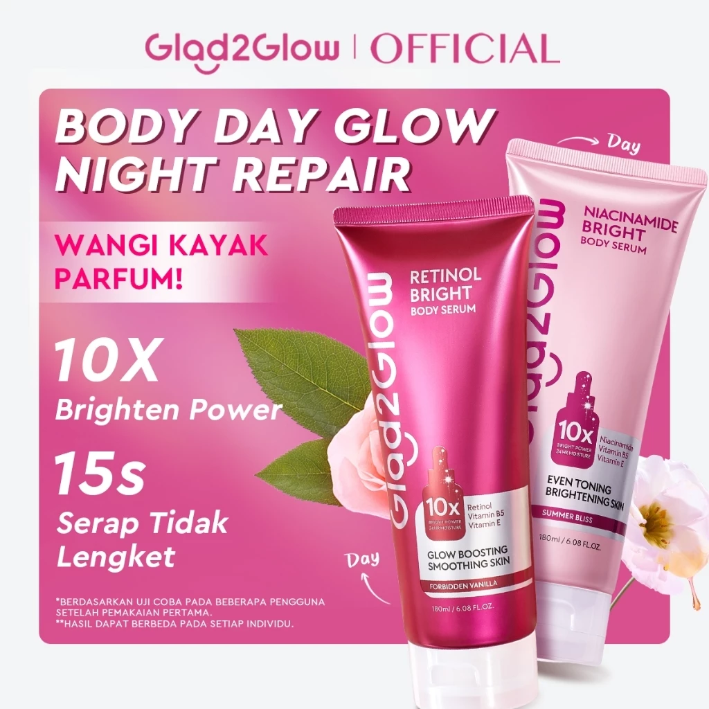 Glad2Glow Retinol/Niacinamide Bright Body Serum Body Lotion 10X Cerah Instant Absorb Whiten Tone Up All Day Bright Glow pemutih badan dengan parfum tahan lama Long Lasting Fragrance Body Cream Butter G2Glow Official Store