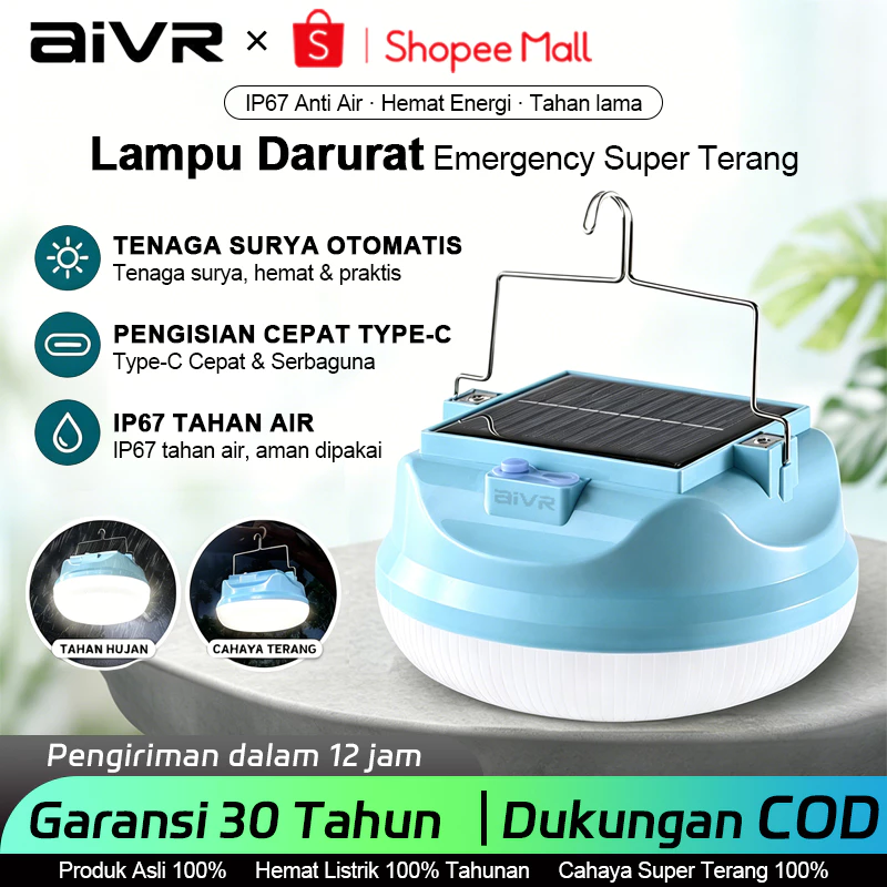 AIVR Lampu Emergency LED Tenaga surya+USB Gantung Camping Solar Panel Lampu Darurat Multifungsi