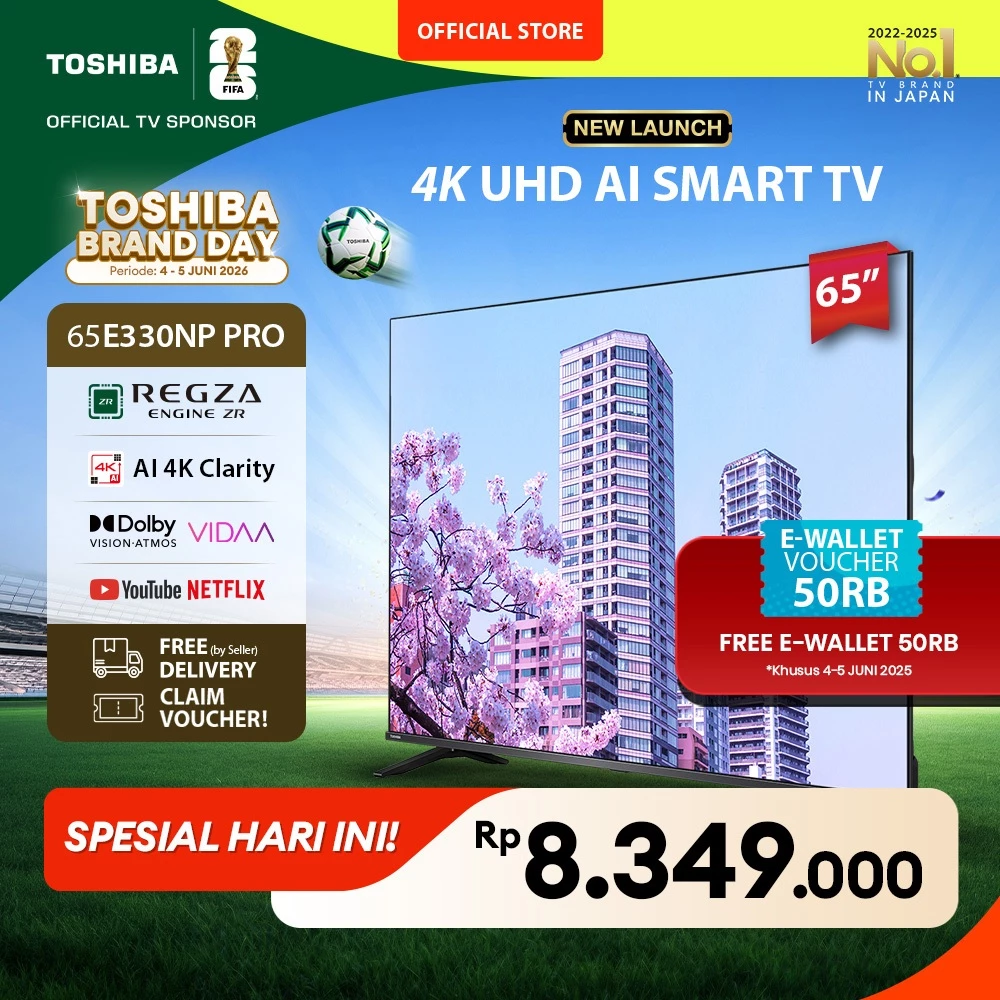 [4K] [KHUSUS ONLINE] Toshiba TV 65" 4K UHD Smart TV PRO - Regza ZR Dolby Vision Atmos HDR10+ MEMC VRR ALLM Netflix Disney+ Youtube Apple AirPlay Screen Sharing Voice Control Wifi Bluetooth 5.0 HDMI 2.1 Digital - 65E330NP PRO