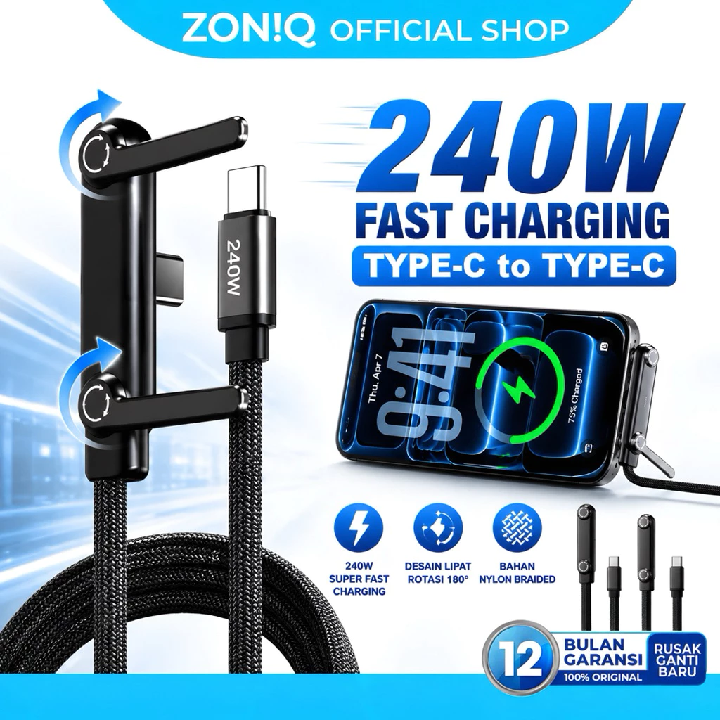 ZONIQ Kabel Data Charger Type C 240W Nylon Braided Anti Putus Rotasi 90 dengan Stand Holder HP