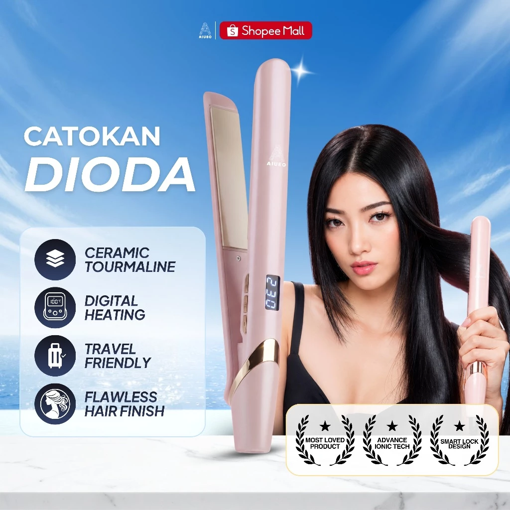 AIUEO Catokan Rambut 517 Dioda Alat Catok Rambut 3in1 Plat Kecil 35 Watt Kabel Putar Warna Pink