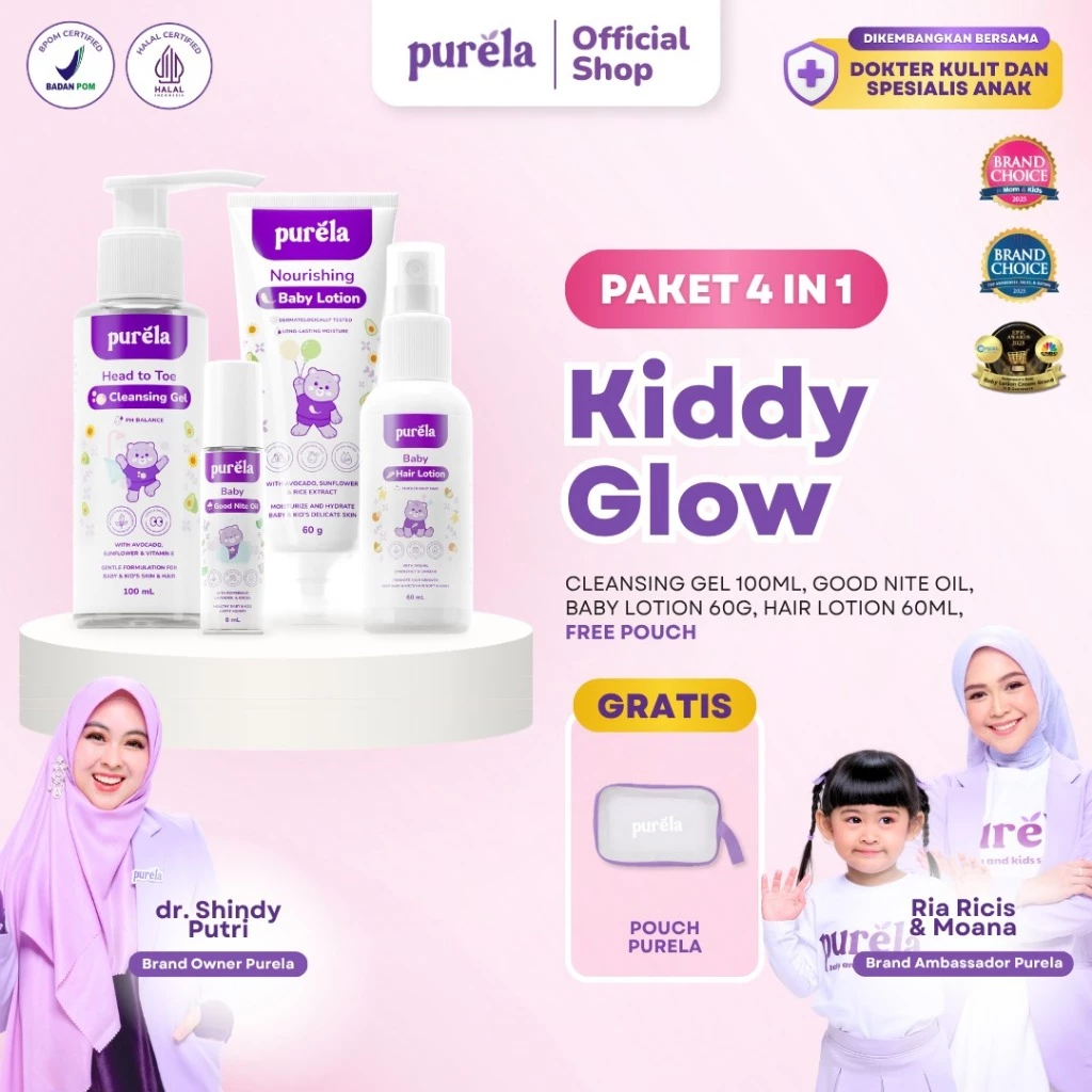 [DAPAT 4 + FREE POUCH] Purela Kiddy Glow Skincare 4in1 - No SLS & Paraben,  Membantu Perawatan Pada Kulit Bayi Tanpa Pewangi, Tanpa Alkohol, pH Seimbang