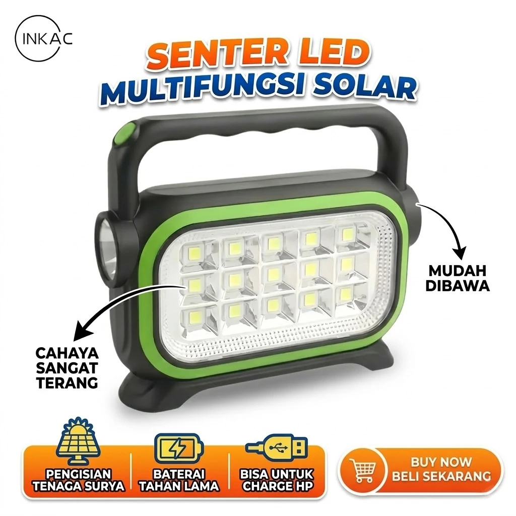 [COD] INKAC Senter LED Super Terang Solar Emergency Light Portabel Lampu 3in1 2400W Tenaga Surya Outside Camping LED COB