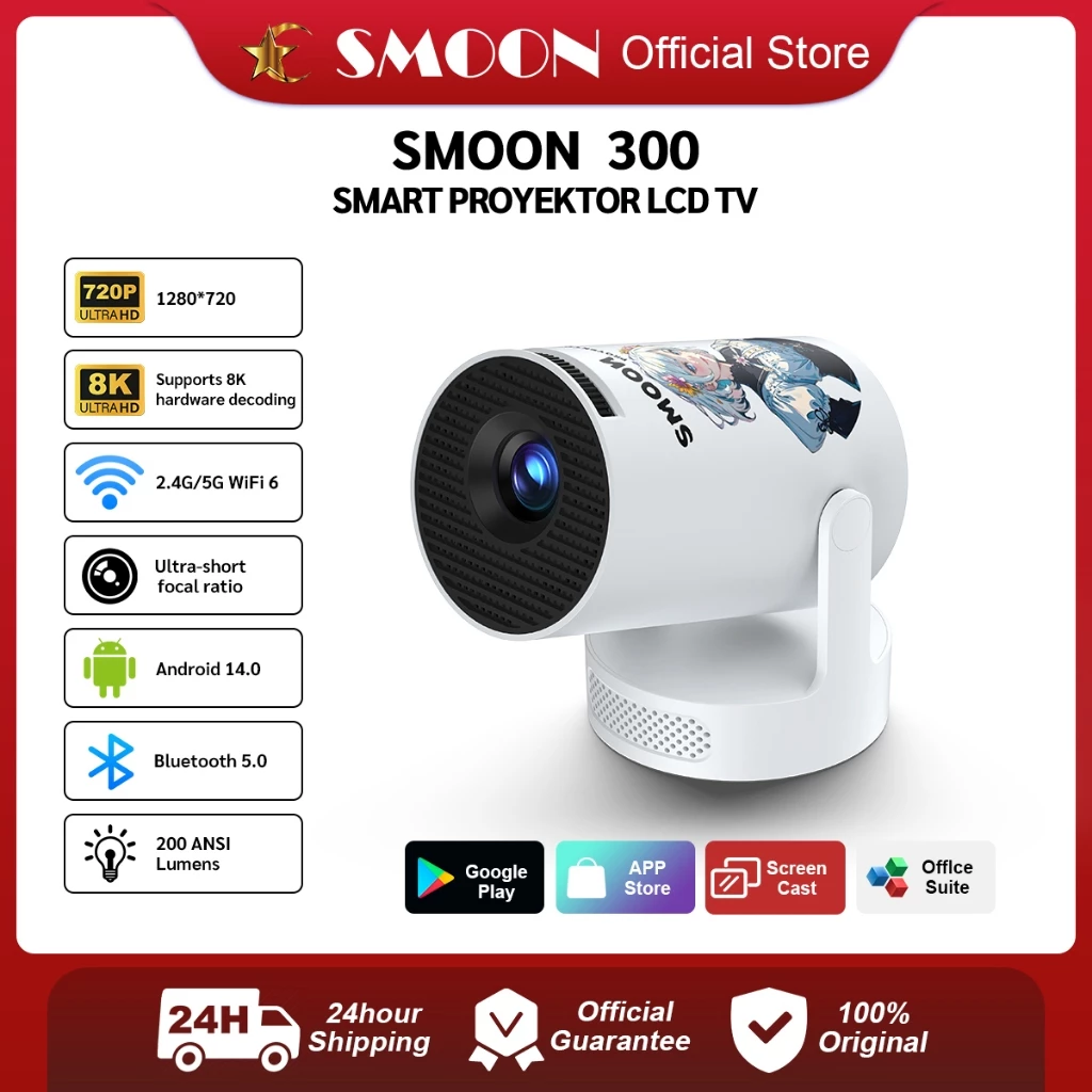 SMOON 300 Smart Projector LCD TV - Proyektor Pintar - 200 ANSI Lumens - TV Android - Fokus Otomatis - Netflix - Google TV - YouTube - HY300