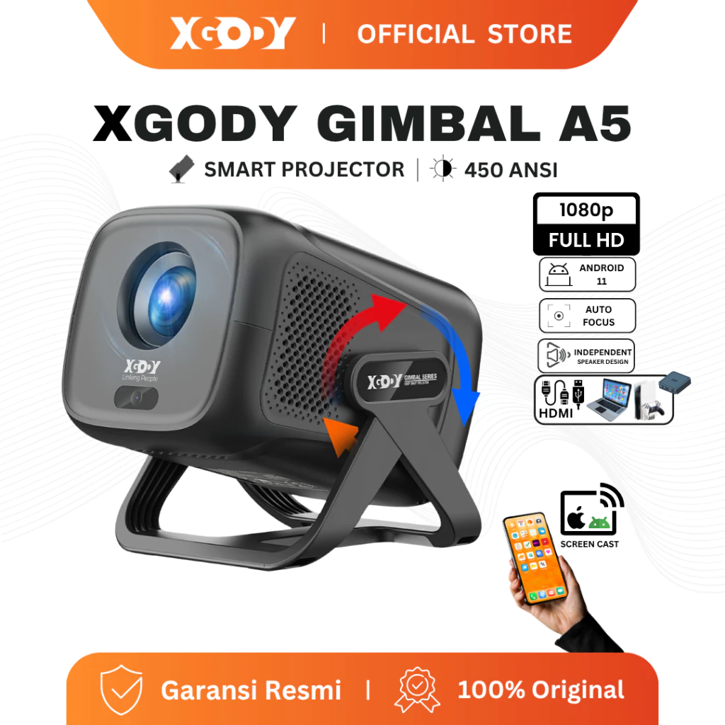 XGODY Gimbal A5 Smart Proyektor LCD - Android11 -FHD 1080P - MirrorLink - Auto Keystone - 450ANSI