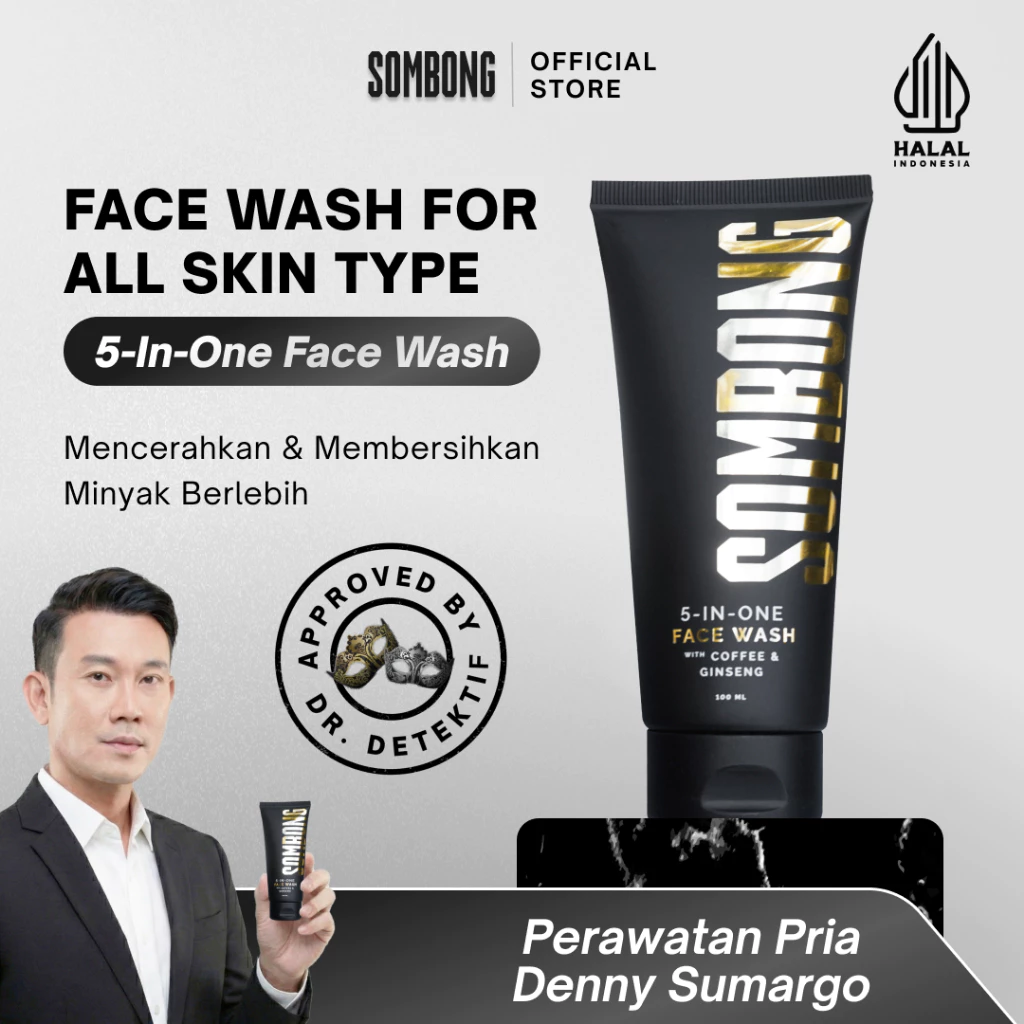 SOMBONG 5-in-1 Face Wash With Coffee & Ginseng Sabun Pembersih Wajah Pria 100ml -Sabun Cuci Muka Pria Membantu Mengontrol Kulit Beriminyak Mencerahkan Wajah - Niacinamide (Vitamin B3), Menthol, Coffea Canephora Bean Extract, Myristic Acid, Lauric Acid
