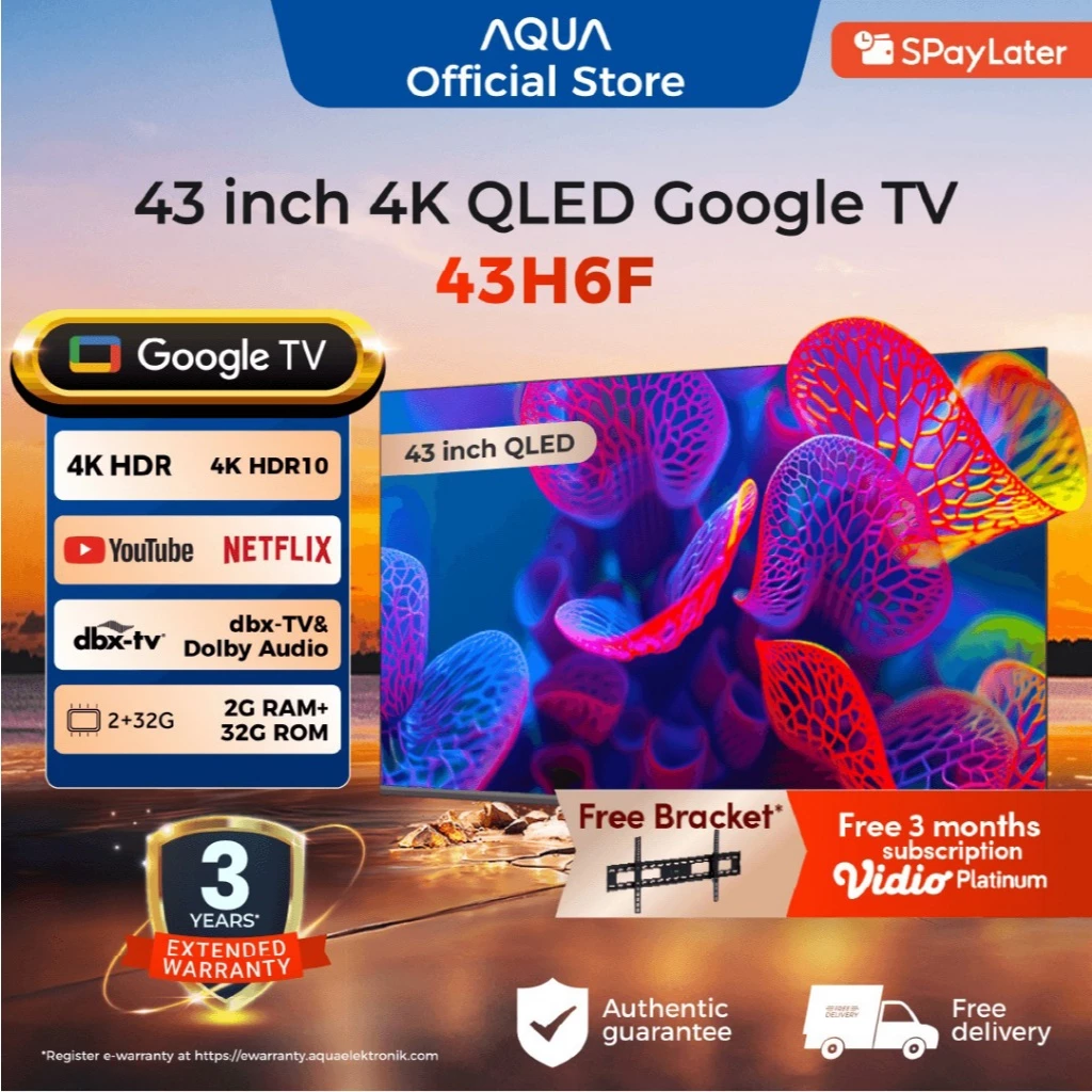 AQUA Elektronik TV 43H6F - 4K QLED - Google TV - ALLM - Google Play/Netflix/Youtube/Disney+Hotstar-RAM 2GB ROM 32GB - AI Smart TV