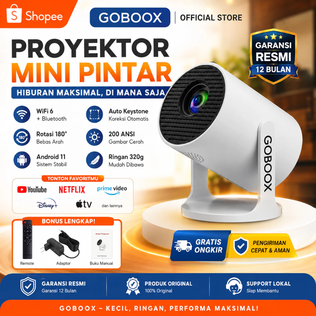 GOBOOX 2G+16G Smart Proyektor Android 13.0 Wifi6 4k YouTube Netflix HD Mini Infocus Proyektor Bluetooth 5.4 Auto Keystone 170 ANSI With Speaker HiFi