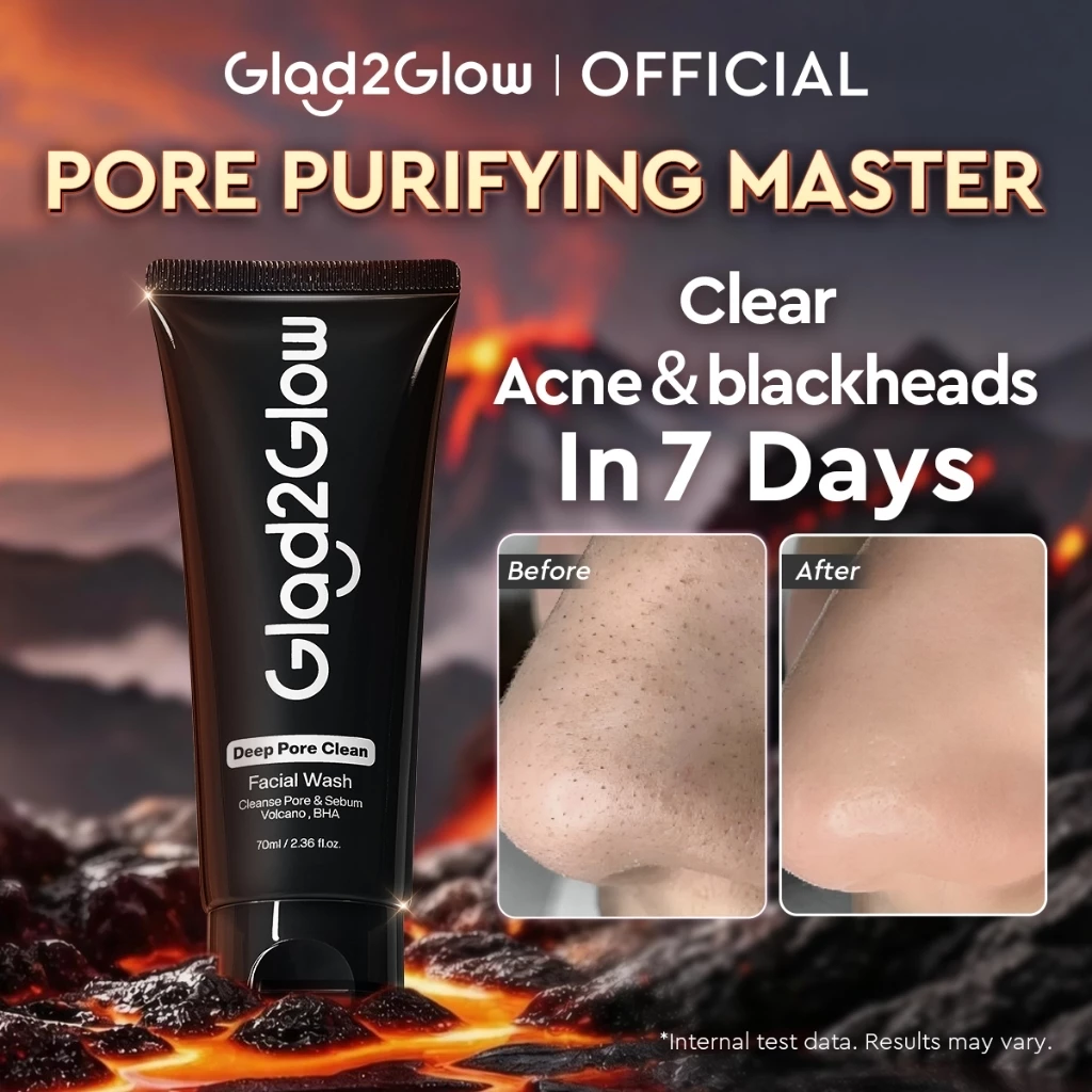 Glad2Glow Deep Pore Clean Facial Wash Pembersih Wajah Charcoa Volcanic Soil BHA Salicylic Acid Deep Cleansing Minyak Berlebih Kotoran jerawat Blackhead Exfoliate Gentle Foam Non Drying Non rritating Untuk Kuit Berminyak sabun cuci muka G2G Cleanser