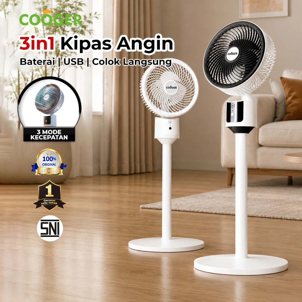 COOGER Kipas Lantai 3 Mode Kecepatan Kipas Angin Portable Kipas Bediri USB Fan Charger Baterai Angin Sejuk Hemat Listrik