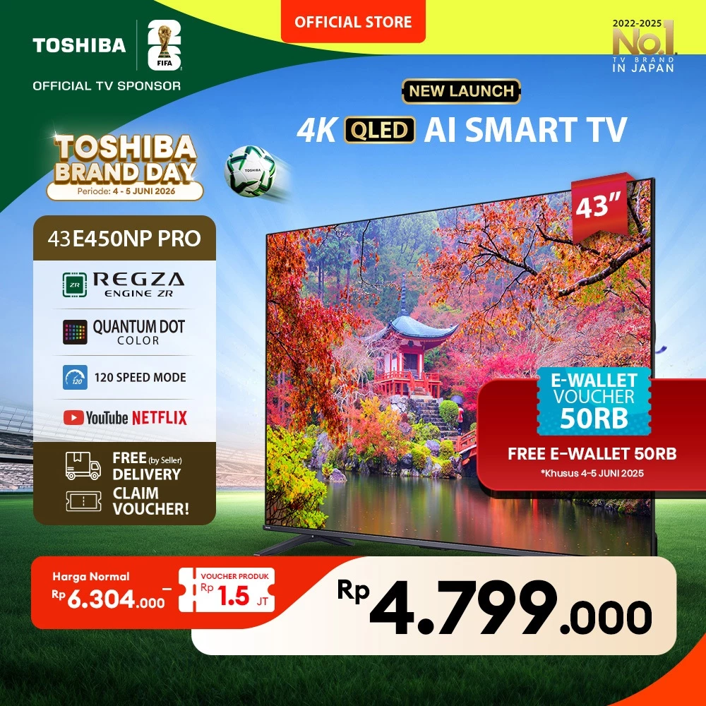 [AI 4K QLED] [KHUSUS ONLINE] Toshiba TV 43" 4K UHD QLED AI Smart TV PRO - Regza ZR Quantum Dot Dolby Vision Atmos Far Field Voice HDR10+ MEMC VRR ALLM Netflix Disney+ Youtube Screen Sharing Voice Control Wifi Bluetooth 5.0 HDMI 2.1 Digital - 43E450NP PRO