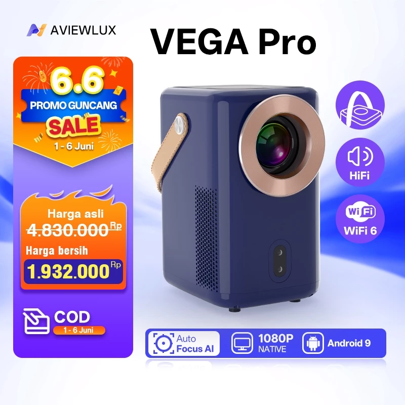 AVIEWLUX VEGA Pro Smart Proyektor LCD - Android 9 - 4K Full HD 1080P - 700 ANSI - WiFi 6 - Bluetooth 5.2 - Auto Focus Keystone-1 - HiFi Sound Projector-LCD-netflix-youtube-kabel hdmi laptop ke proyektor-home theater