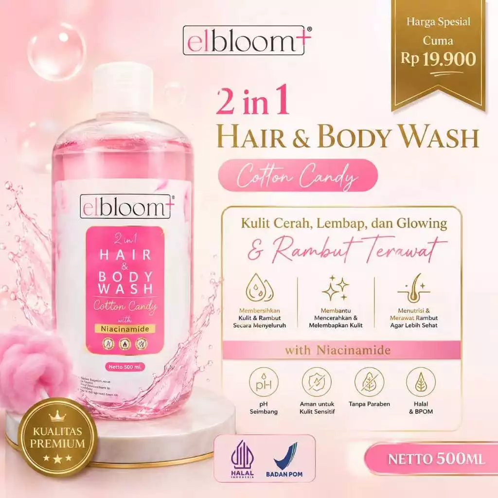[Cotton Candy] Elbloom+ 2 in 1 Body Wash Sabun Mandi Cair & Shampoo 500ml Vitamin E & Niacinamide Kulit Cerah Lembap Glowing & Rambut Sehat Wangi Cotton Candy