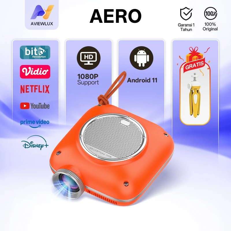 AVIEWLUX AERO Smart LCD Proyektor - proyektor dengan sistem android tv 11.0 - 400 ANSI -  1080P Decoding - WiFi 5 & Bluetooth -  Netflix & YouTube -  Mini Projector Portable-proyektor android 4k full hd bluetooth speaker