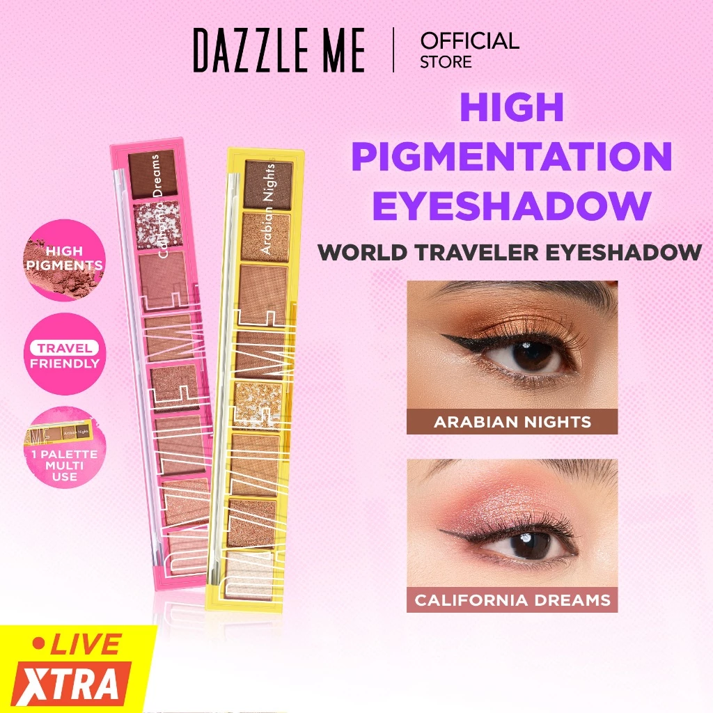 DAZZLE ME The World Traveler Eyeshadow Palette BPOM 8 warna Eye Makeup Natural Matte Satin Glitter High Pigment Long Lasting Smooth Powder
